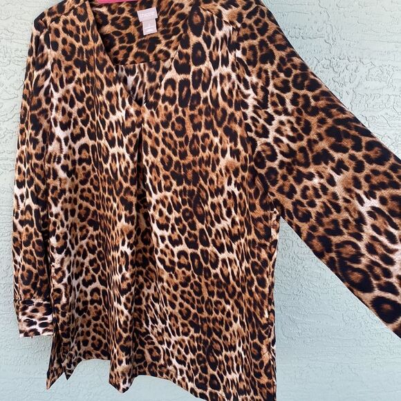 CHICO'S Womens 2 (12/14) Top Tunic Animal Cheetah Print Front Pleat - Picture 2 of 10